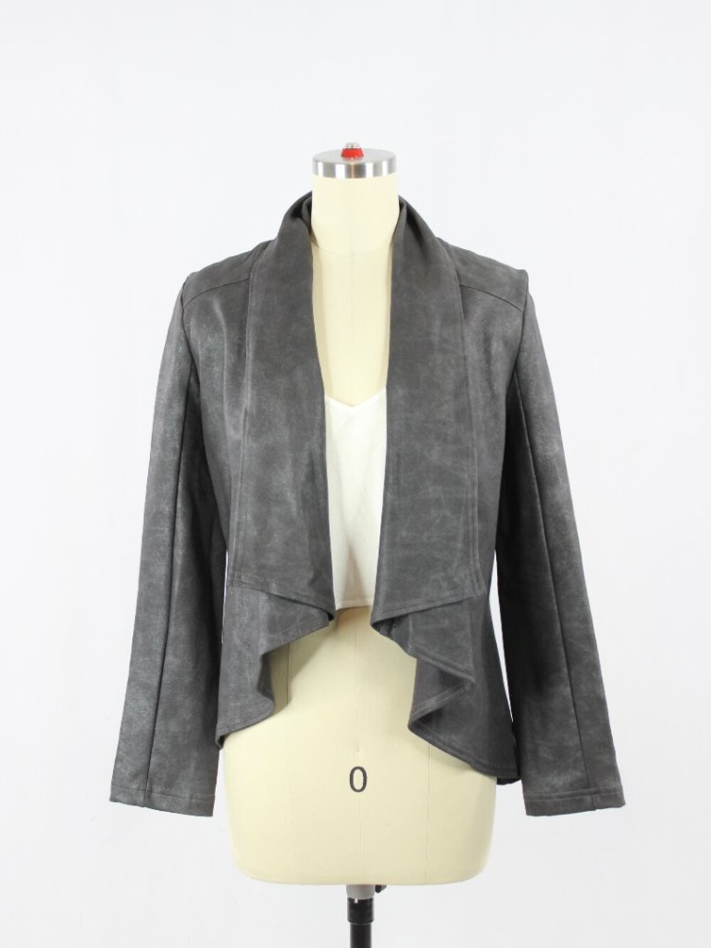 KRISA Grey Coated Terry Faux Leather Open Drape Front Moto Jacket, Size S